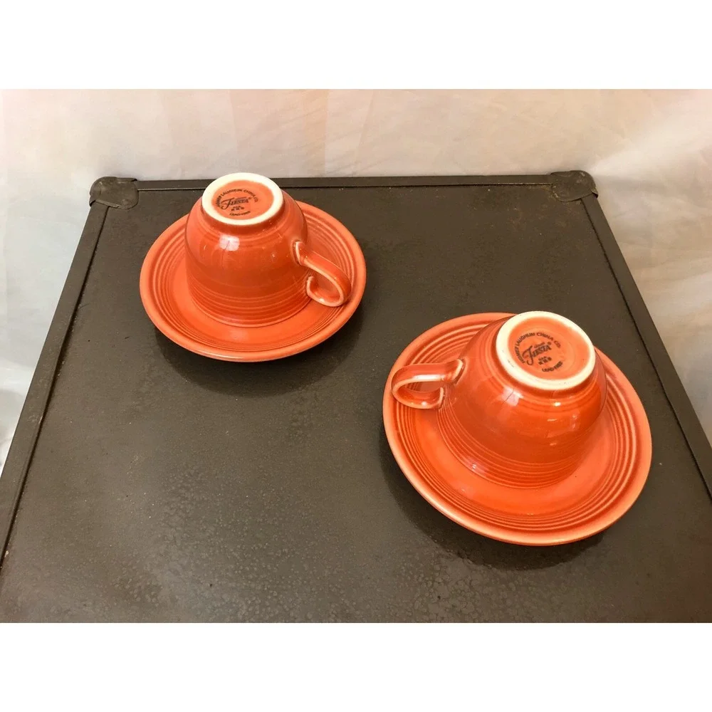 Fiestaware Homer Laughlin 4 pc Set Poppy Orange‎ Coffee Tea Cups Saucers Retro